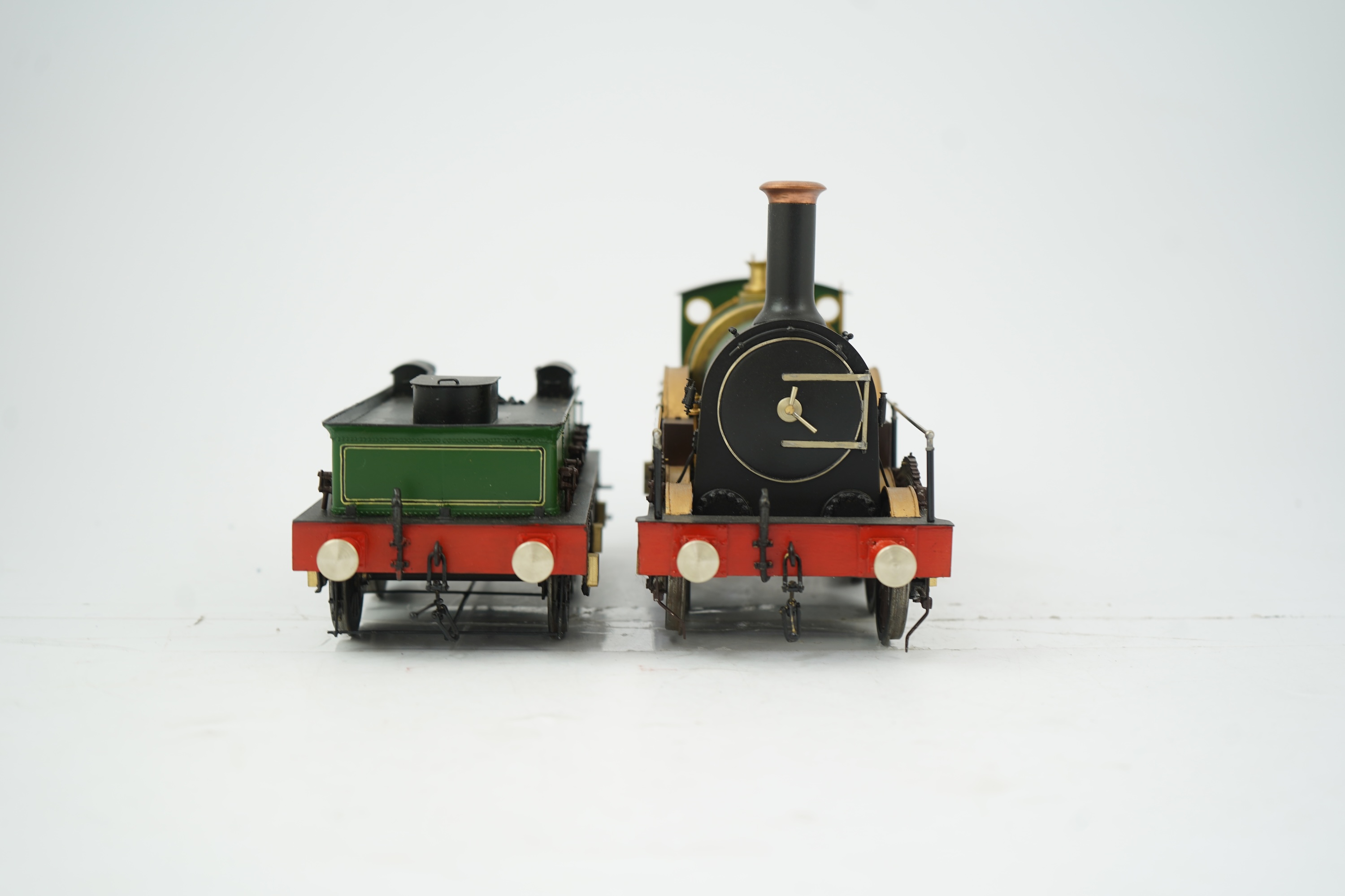 A ‘Gauge One’ kit/scratch built model of GWR broad gauge 4-2-2 tender locomotive Iron Duke scaled to run on 70mm track, unpowered and with a good level of detailing including the valve gear between the frames.